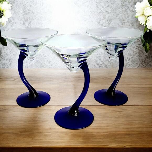Libbey Swerve Cobalt Blue Stem Martini Glass Set Of 3- Vintage - Picture 5 of 6